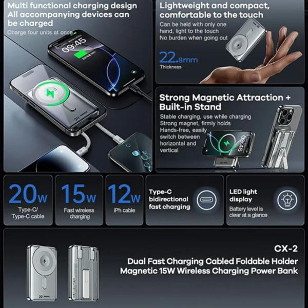 REMAX Walking·Phantom Series PD20W+QC22.5W Cabled Magnetic Wireless Charging Power Bank 10000mAh  RPP-580